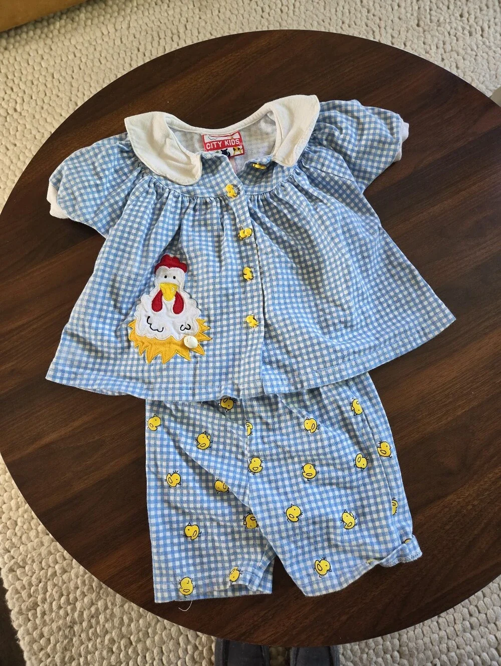 Vintage City Kids Blue Gingham Chicken & Duckling Outfit Set 2PC Top Shorts 24M